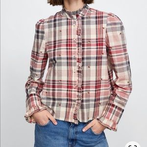 Zara embroidered plaid top